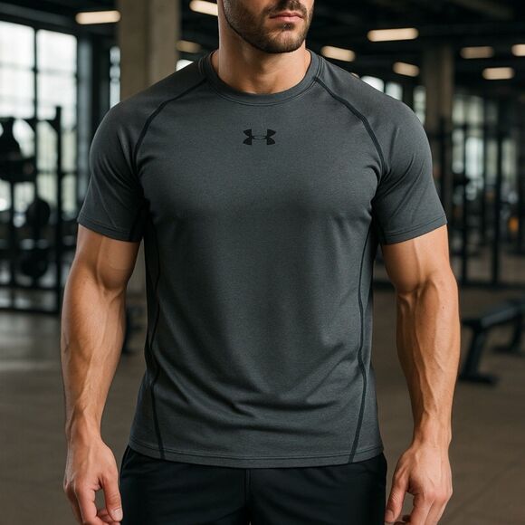 Under Armour L HeatGear Compression Shirt Gray Short Sleeve Activewear Gym - Picture 1 of 11